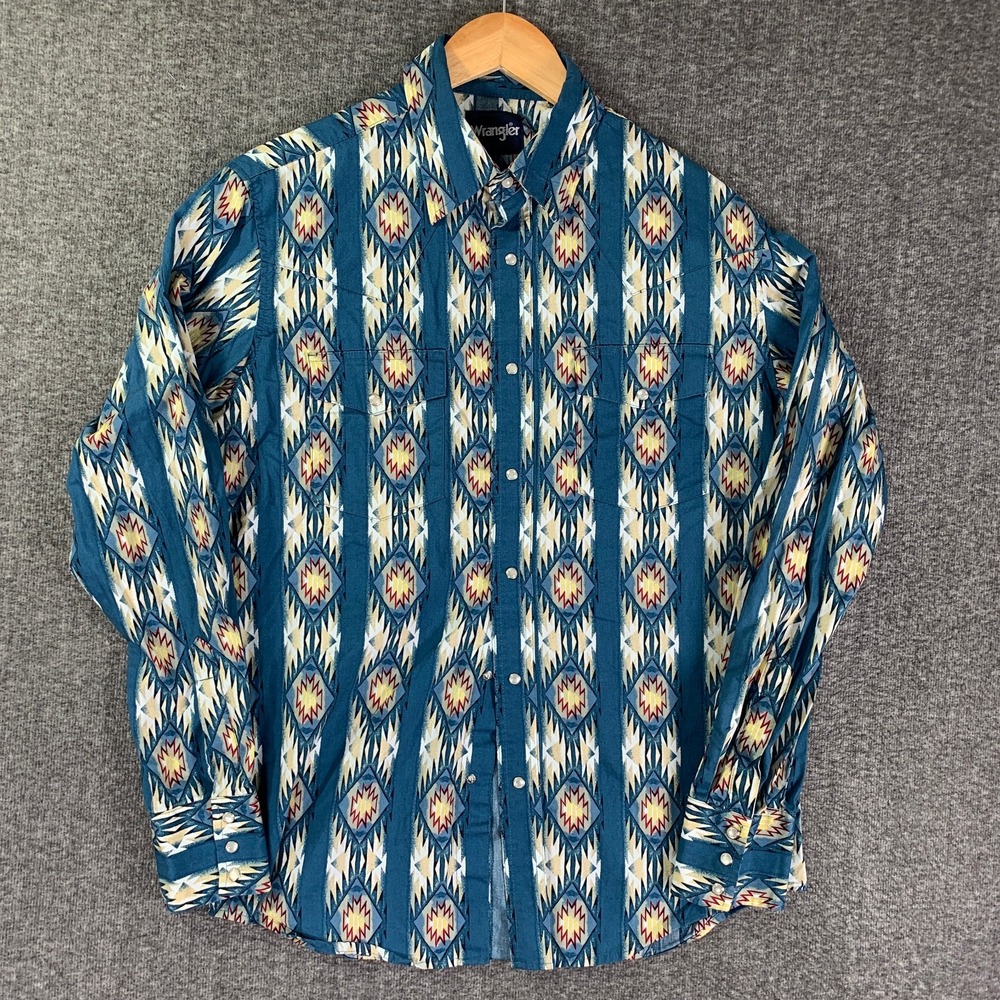 Vintage Wrangler Pearl Snap Shirt Men Medium Aztec Southwestern Western